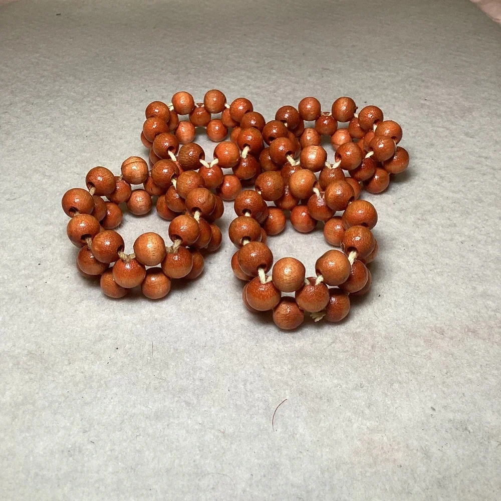 Vintage Set of 4 Beaded Wood Napkin Rings Brown Boho Rustic Table Decor
